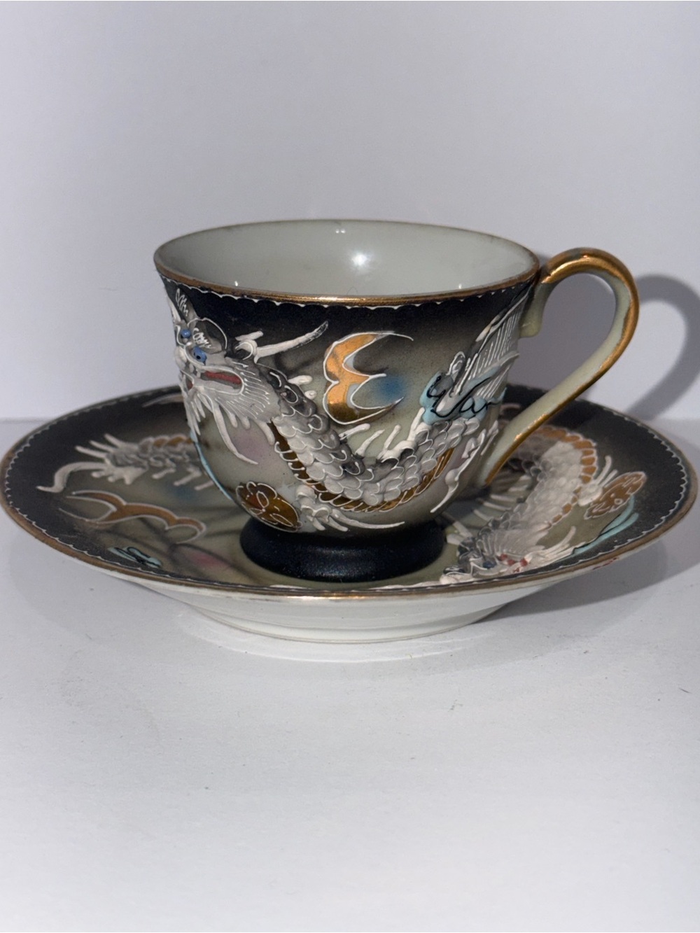 Vintage Hand Painted Japan Dragon Teacup Saucer Asian Moriage Rare